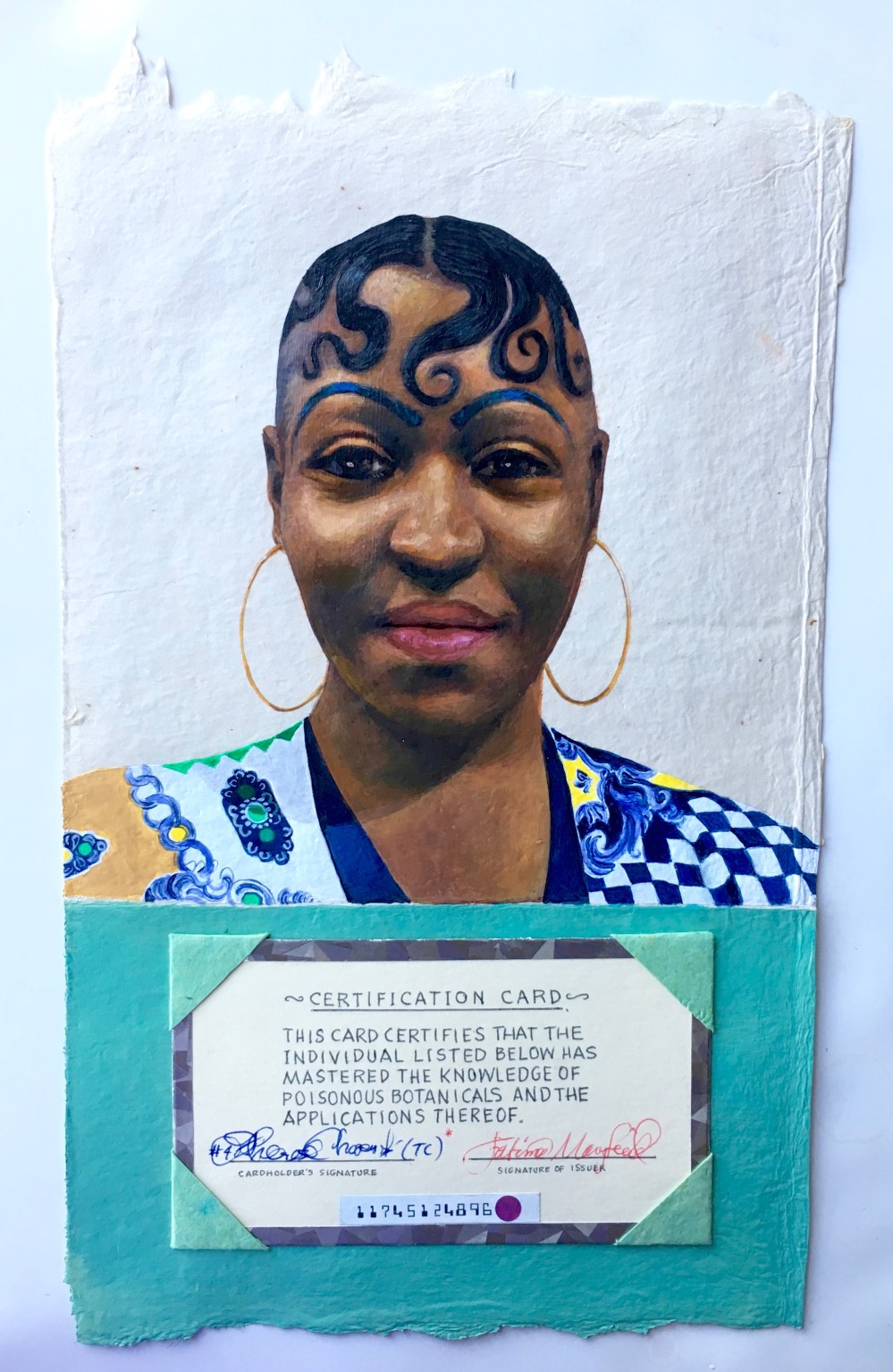 Hoodoo Assassin #4, 2019, Acrylic and collaged element in handmade paper, 12 x 8 inches, Photo by artist.
